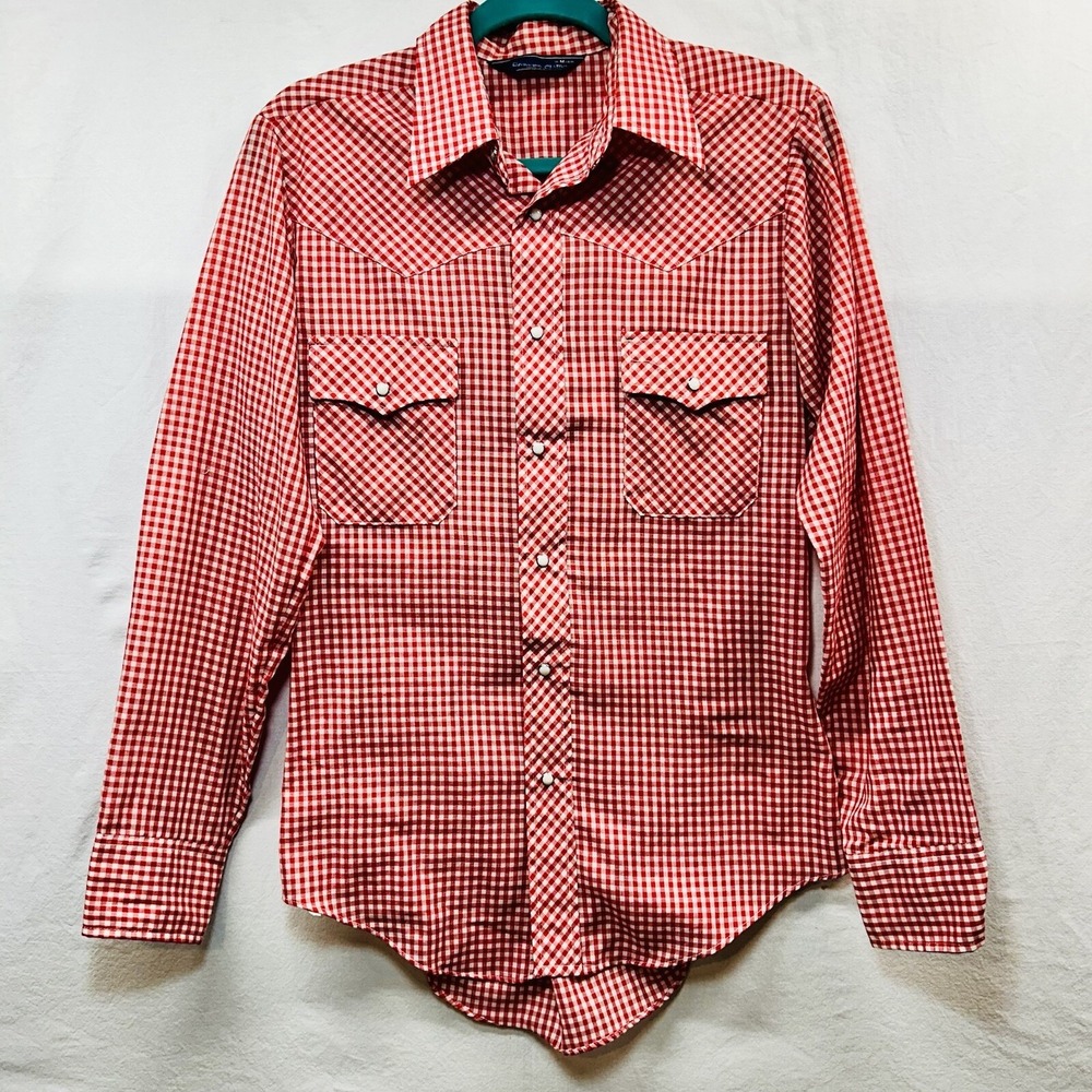 Vintage 70s Career-Club Western Red White Check Hippie Snap Button Shirt Med 15"
